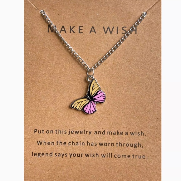 Butterfly's Jewelry - Pink+Yellow Butterfly Pendant Make A Wish Silver Alloy Fashion Necklace Chain